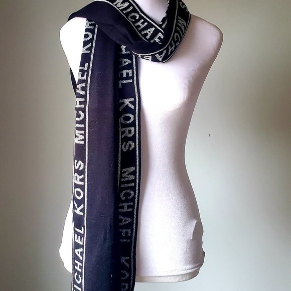 NWT MICHAEL KORS Women's Knit Long Scarf Logo Name Black & Metallic Silver Gift - Picture 4 of 8